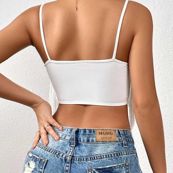 White Boho Womens Fringe Trim Cami Top - Picture 2 of 5